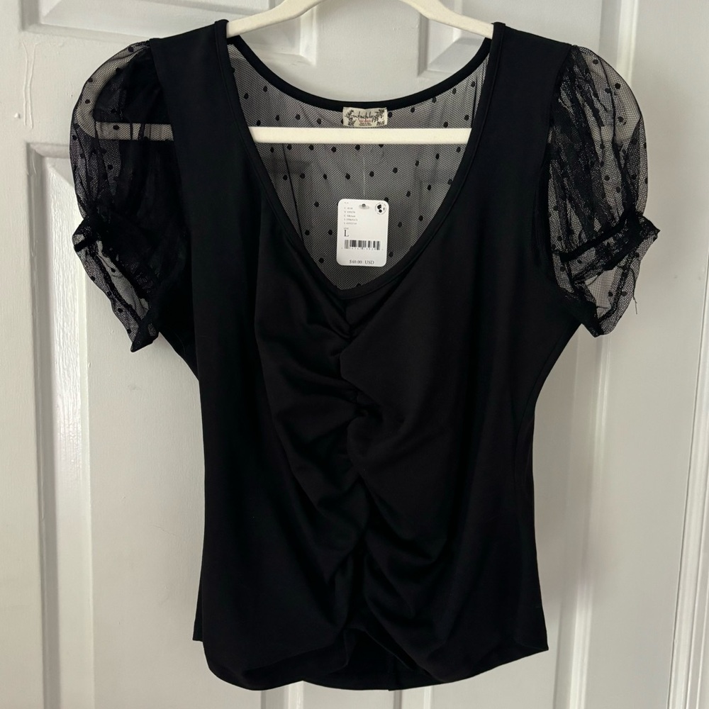 Free people mesh ruched polka dot puff sleeve top